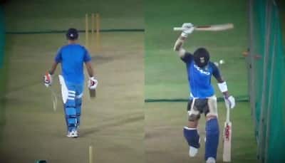 WATCH: Virat Kohli welcomes MS Dhoni in nets, waves bat like helicopter blade as he walks in