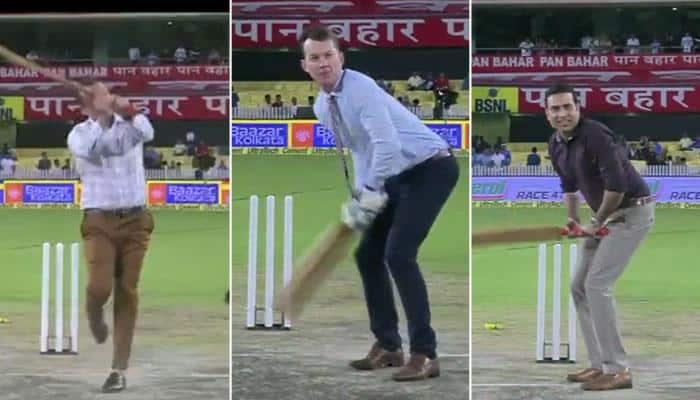 Watch: Virender Sehwag, VVS Laxman and Brett Lee attempt MS Dhoni&#039;s &#039;Helicopter Shot&#039;, fail miserably