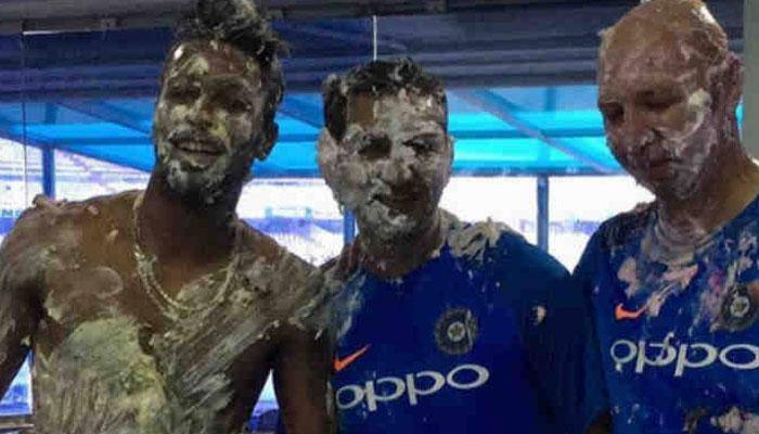 Watch: Hardik Pandya becomes latest victim of &#039;cake smash&#039;, threatens to take revenge