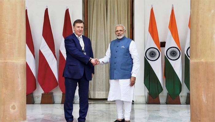 PM Narendra Modi meets Latvian PM Maris Kucinskis