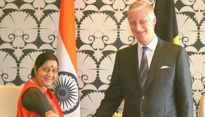 External Affairs Minister Sushma Swaraj meets Belgium&#039;s King Phillipe, discusses bilateral relations