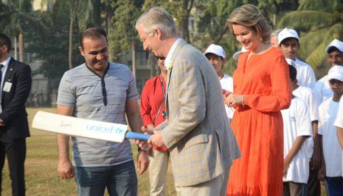 Nawab Virender Sehwag vs King of Belgium in a game of cricket at Mumbai maidan