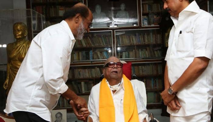 Rajinikanth meets Karunanidhi in Chennai, seeks DMK chief&#039;s blessings