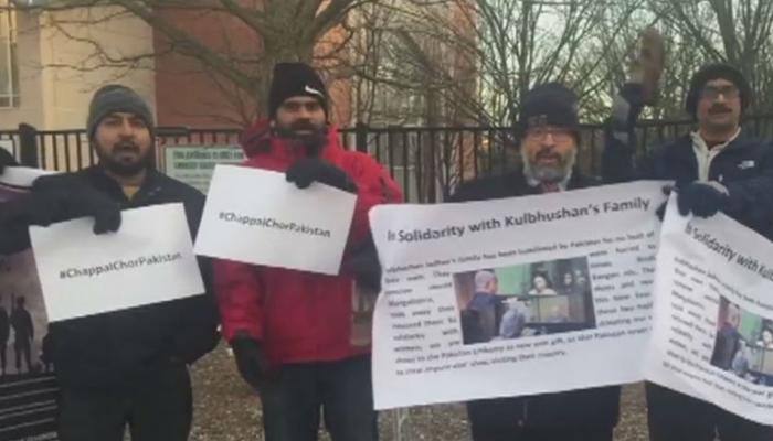 Kulbhushan&#039;s family mistreated: NRIs and Baloch activists stage protest at Pak embassy in Washington