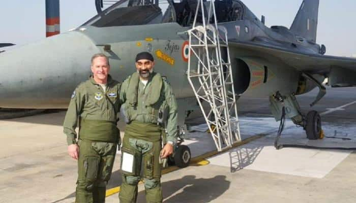 In a first, US Air Force chief David L Goldfein flies India&#039;s indigenous Light Combat Aircraft &#039;Tejas&#039; 