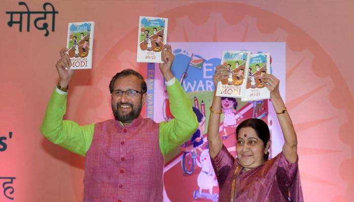 Oops! At PM Narendra Modi book launch, Sushma Swaraj says elections instead of exams, thrice