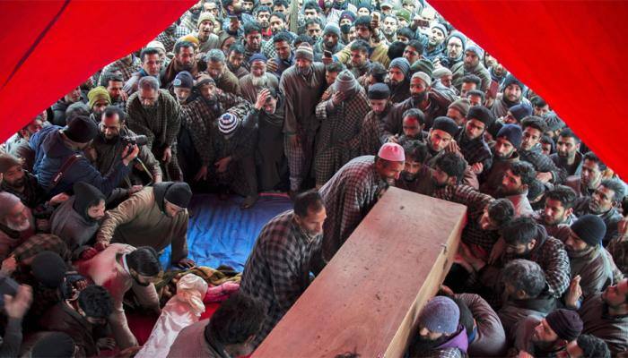 Hundreds throng martyr's funeral in J&amp;K's Tral, say 'bloodshed must stop'