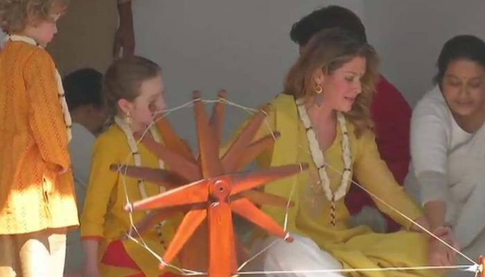 Watch: In Indian avatar, Trudeau family spins charkha at Sabarmati Ashram in Ahmedabad