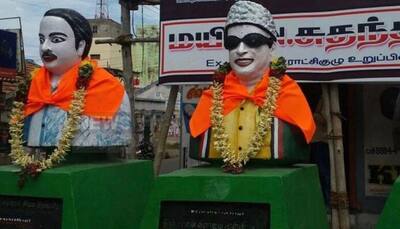 Saffron cloth tied to busts of former Tamil Nadu CMs Annadurai, MG Ramachandran
