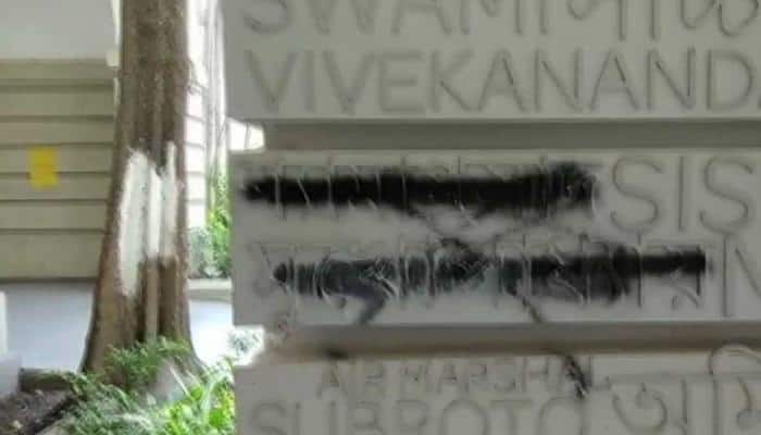 Syama Prasad Mukherjee&#039;s engraved name smeared with black ink at Kolkata&#039;s Presidency University