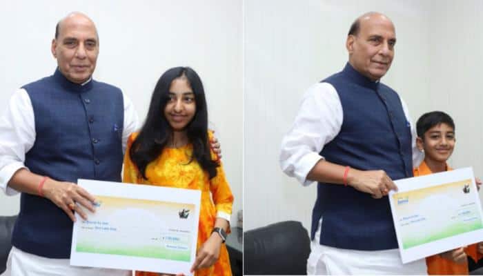 Rajnath Singh meets two kids who donated Rs 1 lakh each to &#039;Bharat Ke Veer&#039; fund
