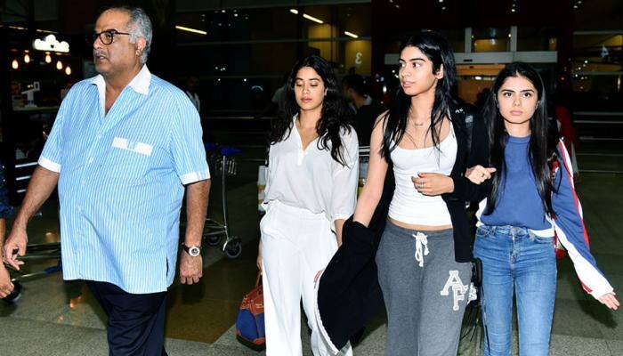 Janhvi, Khushi and Boney Kapoor reach Delhi to receive Sridevi's National Film Award—Photos