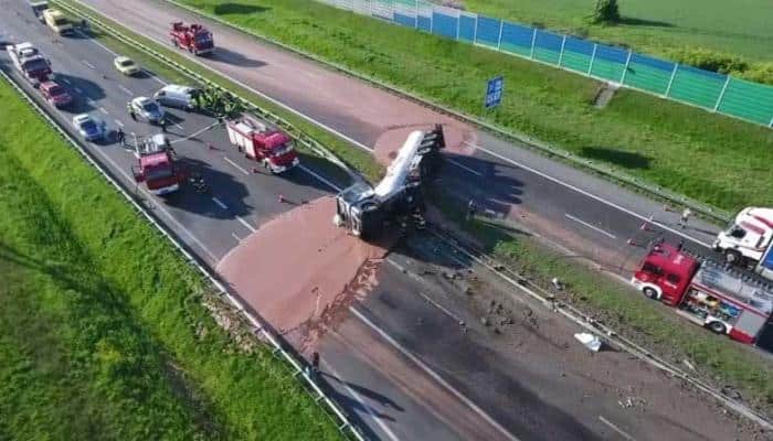 Tanker spills tons of liquid chocolate on a Polish highway; traffic stranded for hours