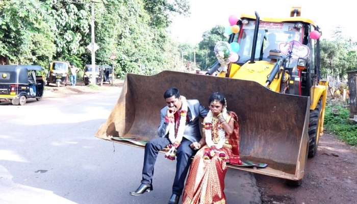 Forget the traditional 'Doli', a man takes wife home on a JCB vehicle post-wedding—See viral pics