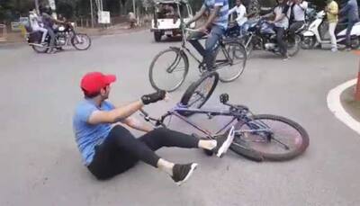 Tej Pratap Yadav goes for a cycle ride, takes a tumble - Watch