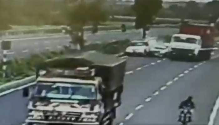 Caught on cam: Car rams into pickup truck, smashes apart