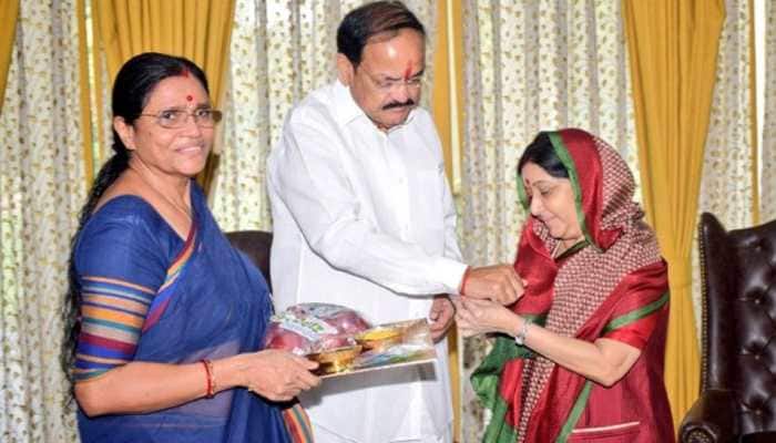 Sushma Swaraj ties Rakhi to VP Venkaiah Naidu on Raksha Bandhan