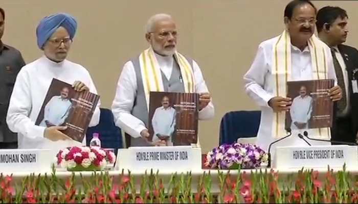 PM Modi releases Venkaiah Naidu&#039;s book on his first year as VP, Manmohan Singh present at launch