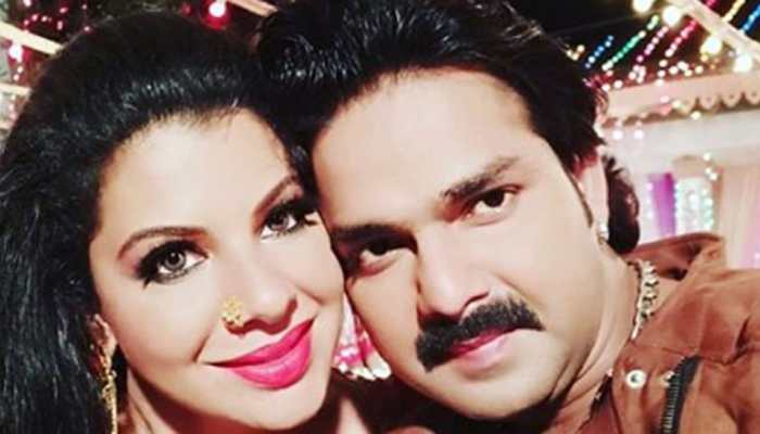 Pawan Singh strikes a pose with Sambhavna Seth on the sets of 'Sher Singh'