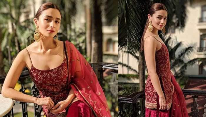 Alia Bhatt stuns in a ruby silk attire by Sabyasachi Mukherjee—See pics