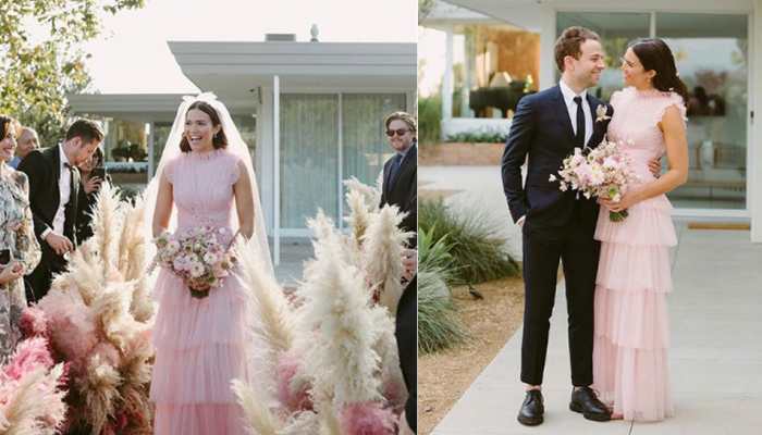 Mandy Moore gets married in a pink wedding dress