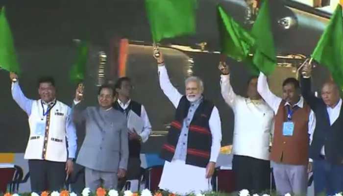 PM Narendra Modi flags off first train on Bogibeel Bridge in Assam&#039;s Dhemaji