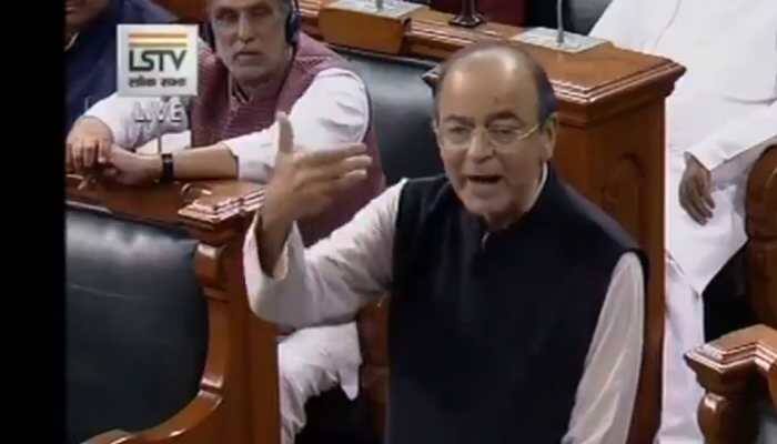 Congress MPs disrupt Arun Jaitley's speech, throw paper planes on FM in Lok Sabha; Watch