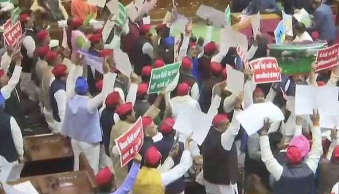 UP Budget Session: Opposition members hurl paper balls towards podium during Guv's address