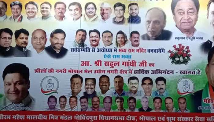 Now, hoarding in MP shows Congress chief Rahul Gandhi as &#039;Ram Bhakt&#039;, Kamal Nath as &#039;Hanuman bhakt&#039; 