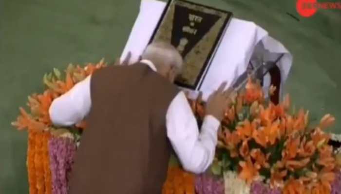 PM Modi bows in front of Constitution before addressing NDA parliamentary meeting