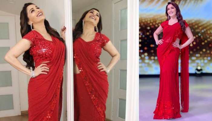 Madhuri Dixit looks stunning in a shimmering rose-red saree—Pic proof