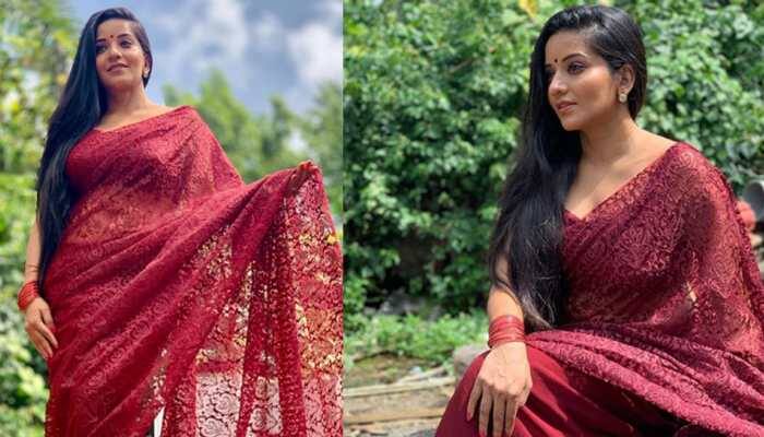 Monalisa flaunts her flawless beauty in a maroon net saree—Photos