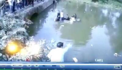Watch: Car carrying 5 people loses balance in bid to avoid accident, falls into river in Madhya Pradesh's Orcha
