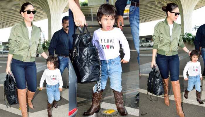 Taimur and mommy Kareena Kapoor Khan flaunt their love for boots at the airport—Photos