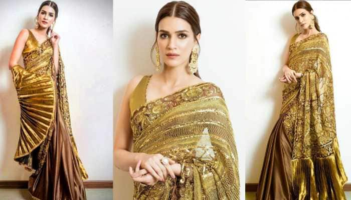 Kriti Sanon looks pure gold in a shimmering Manish Malhotra saree for Diwali celebrations—Photos