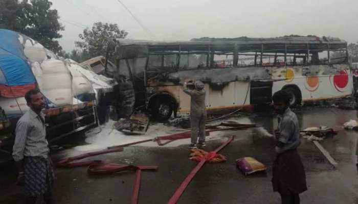 Tourist bus from Puri catches fire near Andhra Pradesh&#039;s Srikakulam; several injured