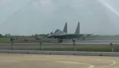 BrahMos-armed Sukhoi Su-30MKI gets water salute at Thanjavur Air Force Station as IAF inducts 222 Tigersharks Squadron