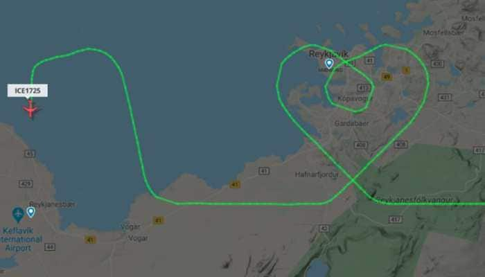 Icelandair aircraft draws big heart over Reykjavik city thanking medical staff fighting coronavirus COVID-19 pandemic