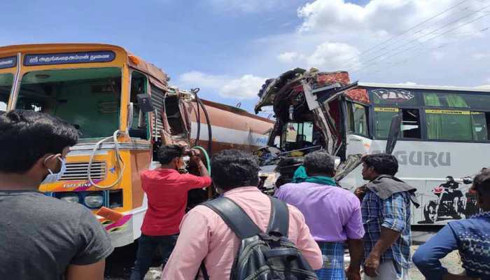 Bus on way to Kerala collides with water tanker in Tamil Nadu&#039;s Karur, 25 injured