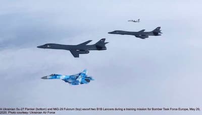Sukhoi Su-27, Mikoyan-Gurevich MiG-29, MiG-21 fighters escort US B-1B Lancers over Europe, F-16s also join