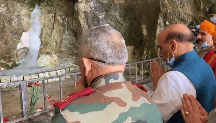 Rajnath Singh visits holy Amarnath cave shrine in J&amp;K, offers prayers