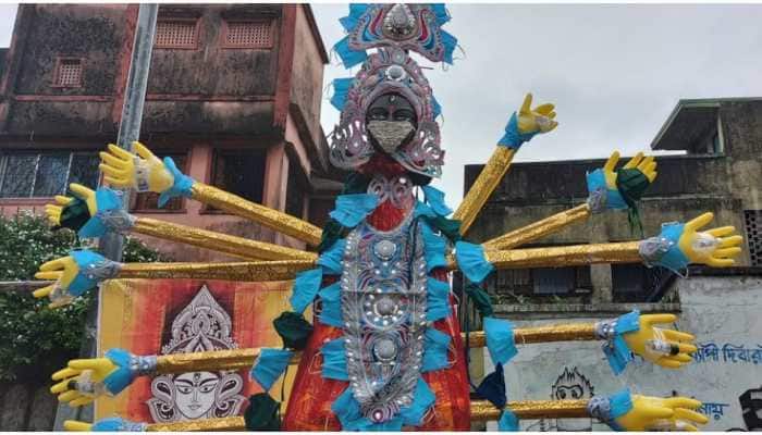 Durga idol in Kolkata sports silver mask, holds sanitisers to send message on COVID-19