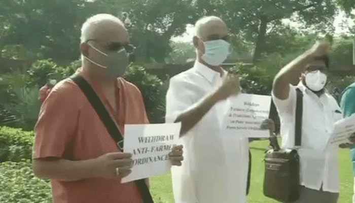 Left party MPs protest inside Parliament, demand withdrawal of Centre’s alleged &#039;anti-farmer&#039; policies