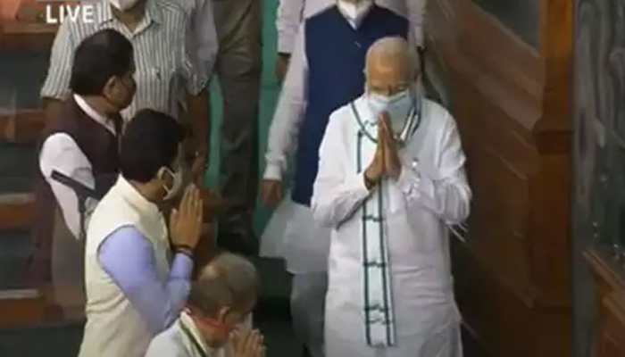 MPs shout ‘Bharat Mata Ki Jai’ slogans as PM Narendra Modi arrives to attend last day of Parliament’s Monsoon Session