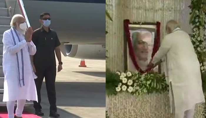 PM Narendra Modi arrives in Gujarat, pays tribute to Keshubhai Patel