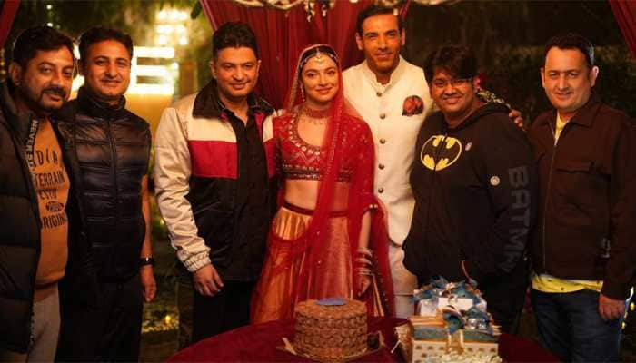 Dressed in red lehenga-choli Divya Khosla Kumar celebrates birthday with &#039;Satyamev Jayate 2&#039; cast - In pics