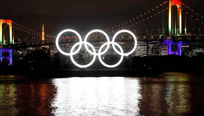 Olympic rings monument illuminated upon return to Tokyo Bay