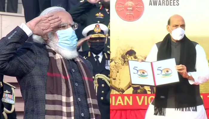 Vijay Diwas: PM Narendra Modi lights up &#039;Swarnim Vijay Mashaal&#039;, Rajnath Singh unveils logo for `Swarnim Vijay Varsh`