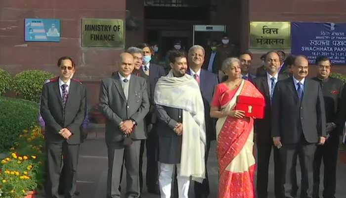 Union Budget 2021: FM Sitharaman dons red saree for budget presentation; replaces traditional &#039;bahi khata&#039; with red tab