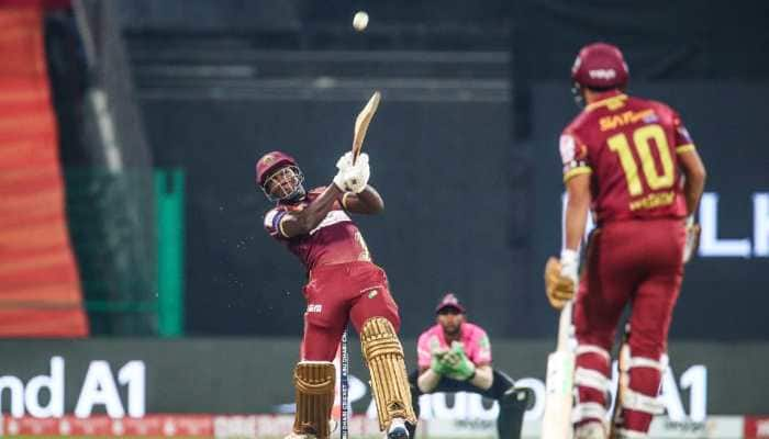 Brandon King of Northern Warriors smashes a boundary in the Abu Dhabi T10 League match against Pune Devils.